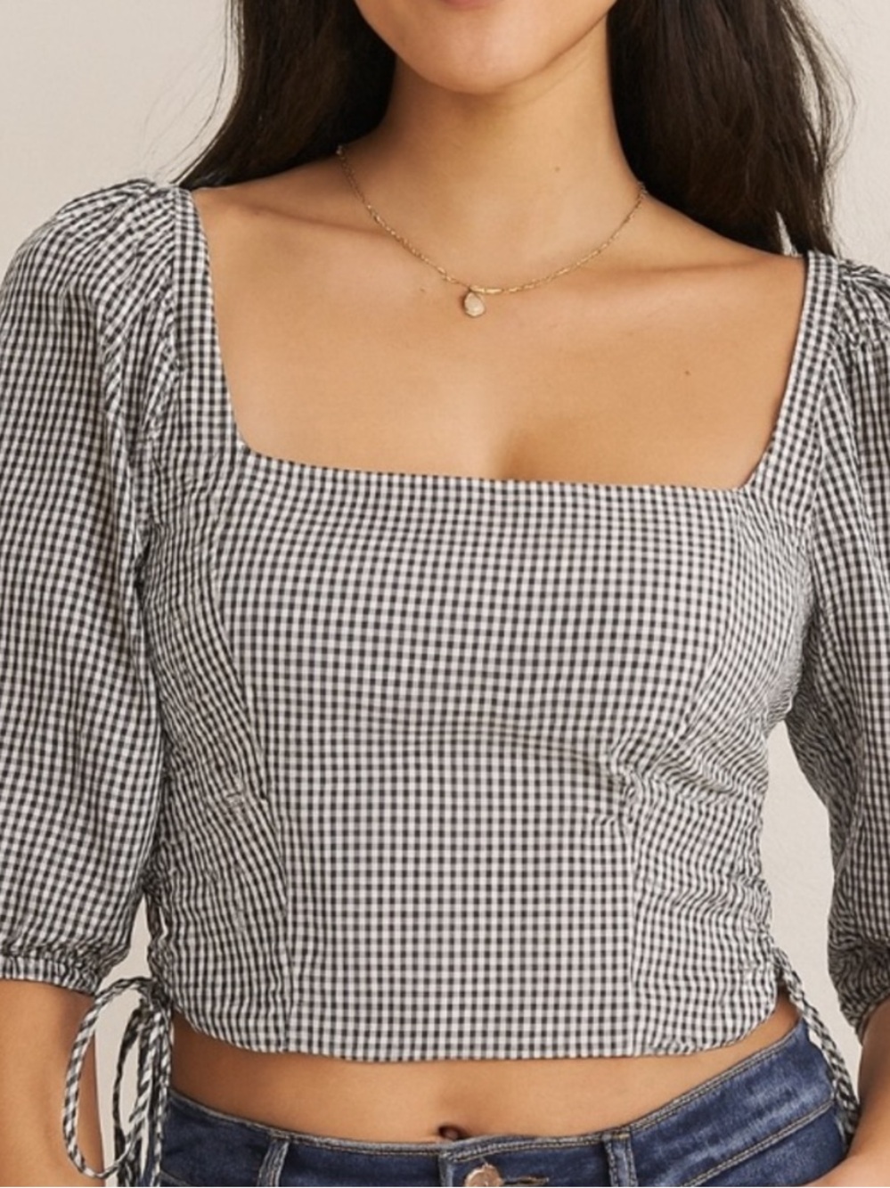Abercrombie & Fitch Black Gingham Square-Neck Side Tie Crop Top